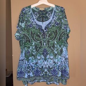 One World Women’s Blue Green Paisley Beaded Short Sleeve Tunic Blouse Size 2X